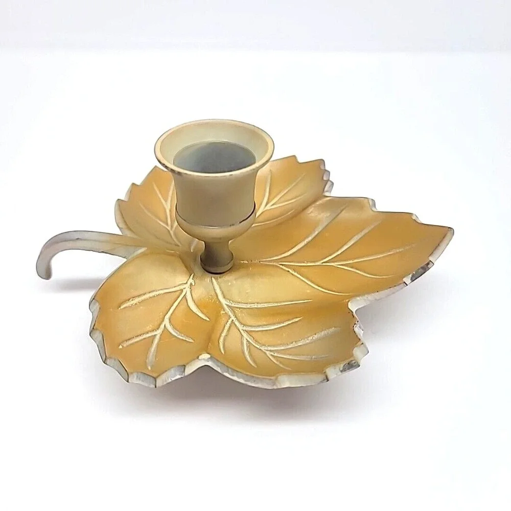 Tan Painted Brass Maple Leaf Single Candlestick Holder 5.5